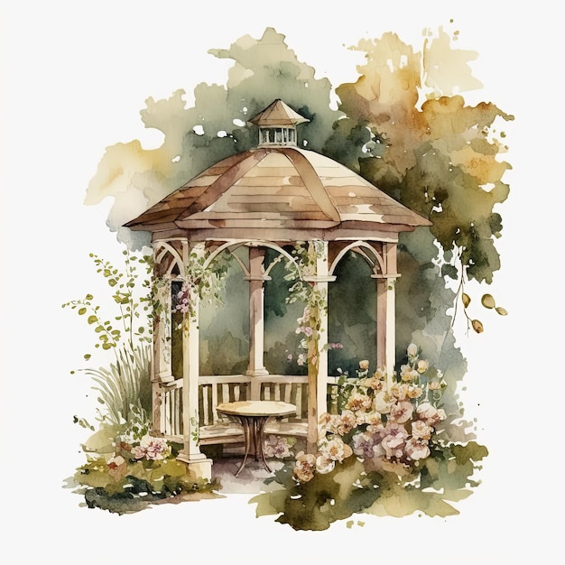 Watercolor romantic garden shelter and flowers illustration on white background Ai generated