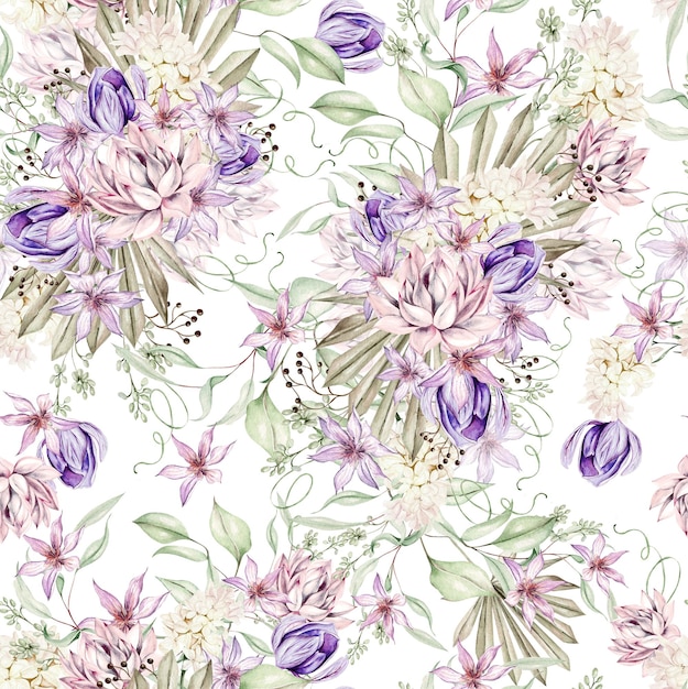 Watercolor romantic seamless pattern with succulents and crocus clematis and flowers