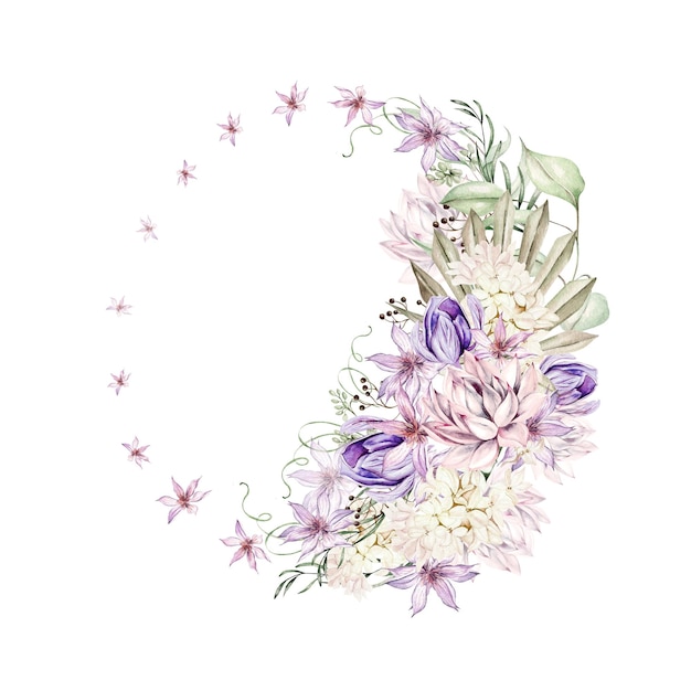 Watercolor romantic wreath with succulents and crocus clematis and flowers