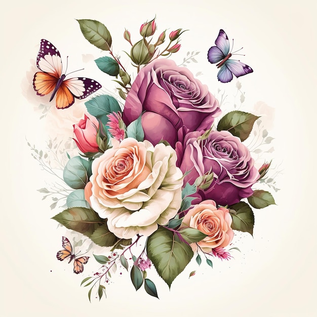 watercolor roses flower bouquet with butterflies surrounded isolated on white background