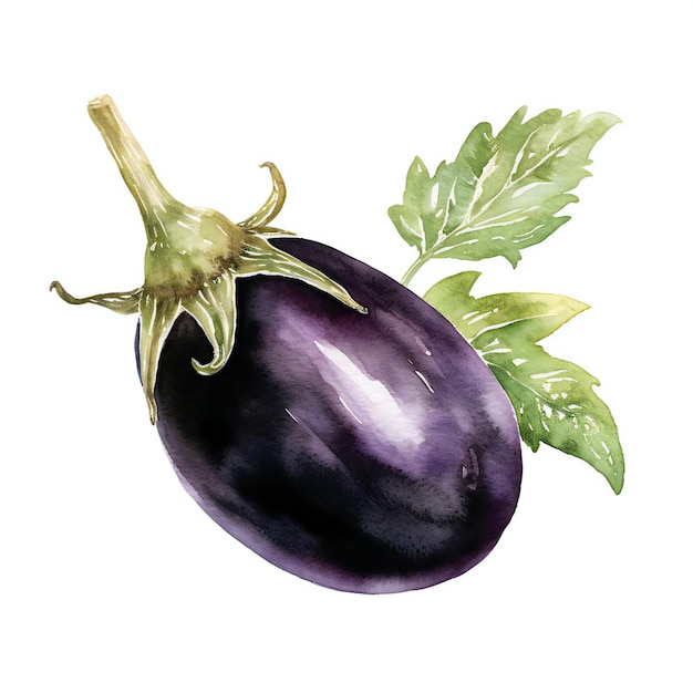 watercolor round black Brinjal in white background