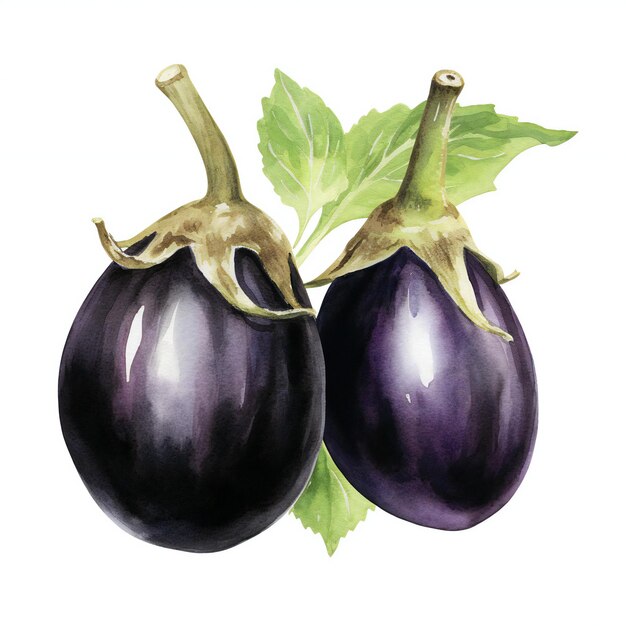 watercolor round black Brinjal in white background