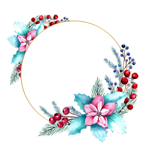 Watercolor round frame with berries, poinsettia flowers, fir branches.