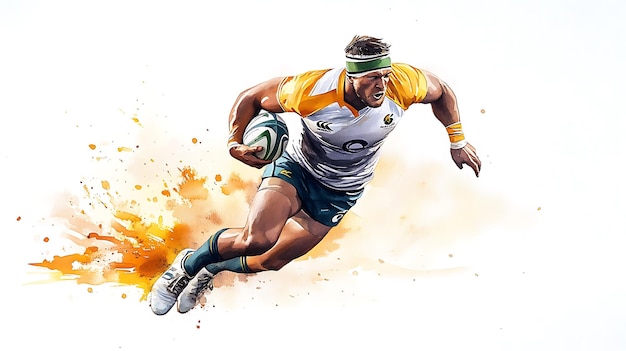 Watercolor of Rugby Sevens Player Scoring with Speed and Teamwork