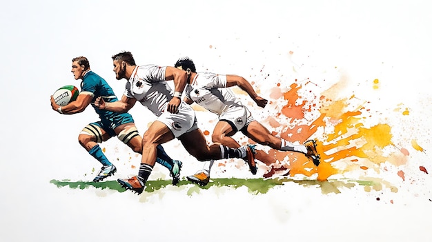 Watercolor of Rugby Sevens Player Scoring with Speed and Teamwork