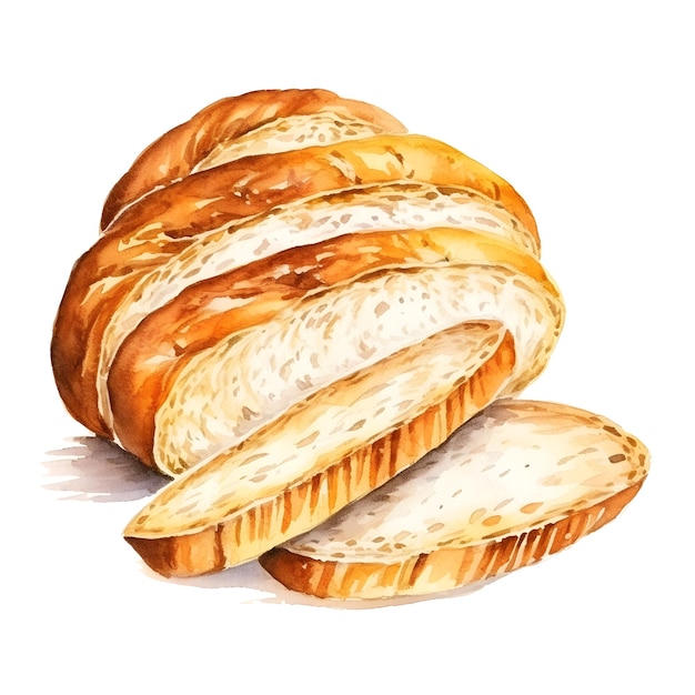 Watercolor of Rustic Italian Bread on White Background