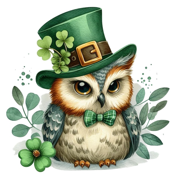 Watercolor Saint Patricks Day Owl