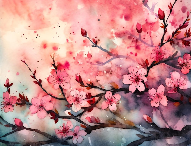 A watercolor sakura background with pink flowers in the background