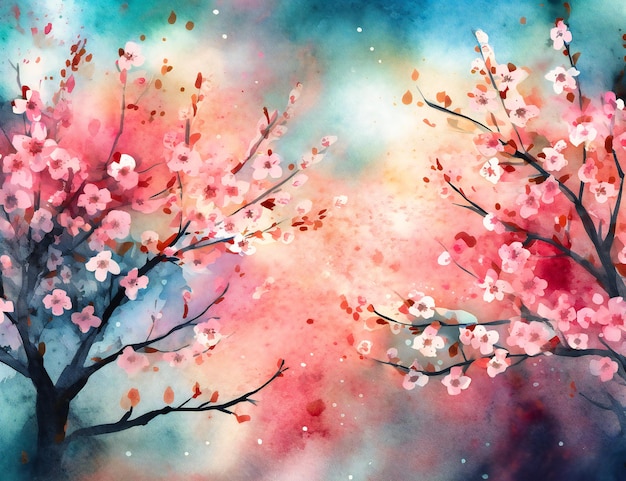 A watercolor sakura background with pink flowers in the background