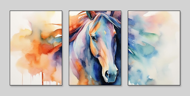 Watercolor sanlian gold element animals plants flowers horse feather three figure