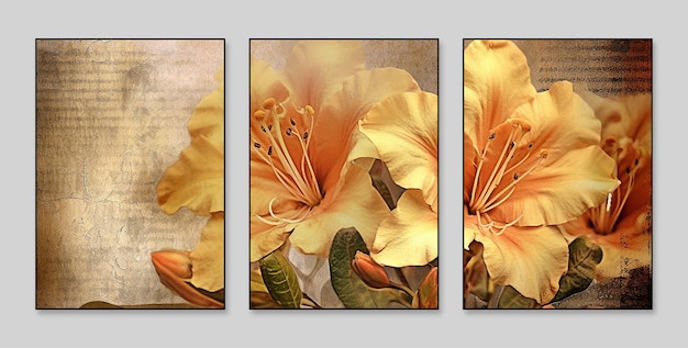 Watercolor sanlian gold element animals plants flowers horse feather three figure