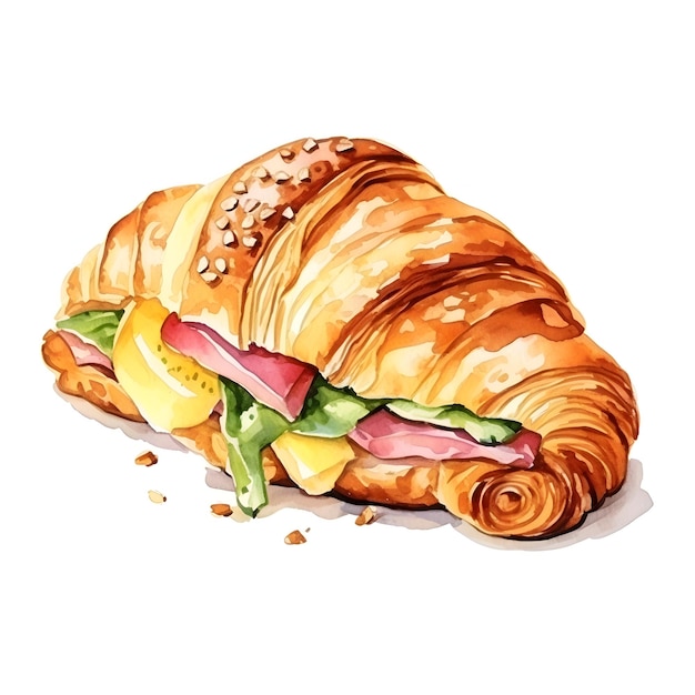 Watercolor of Savory Croissant Sandwich with Ham and Cheese Fillings