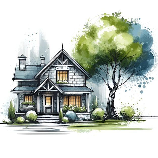 Watercolor Scandinavian house and trees isolated Illustration of a hand drawn with building