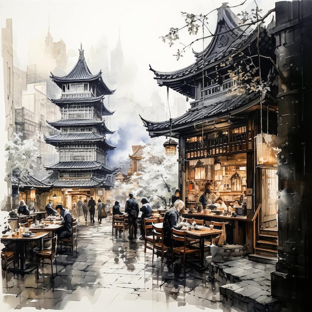 Watercolor scene of a chinese alley with buildings and people