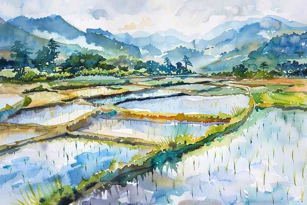 Watercolor scene of rice fields with whimsical and peaceful atmosphere