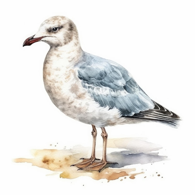 A watercolor of a seagull in white and gray.