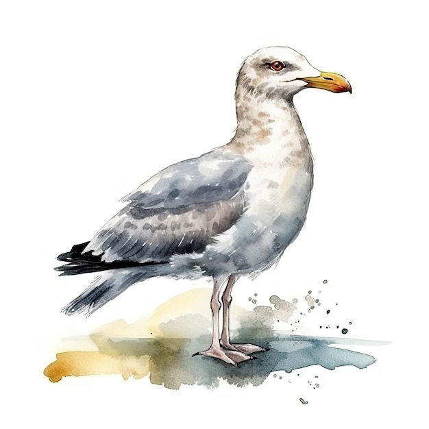 A watercolor of a seagull with a red eye