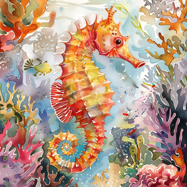 Watercolor Seahorse in Coral Reef