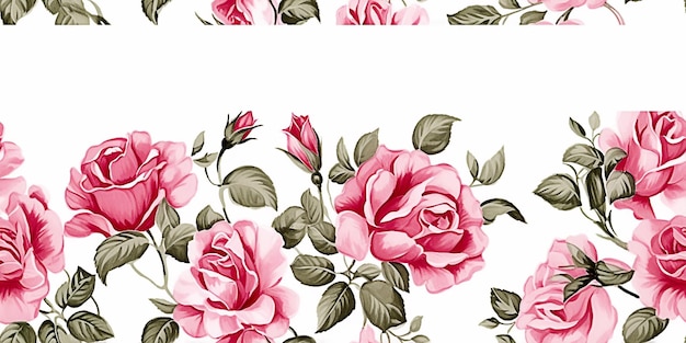 Watercolor seamless border illustration with bright pink vivid flowers green leaves