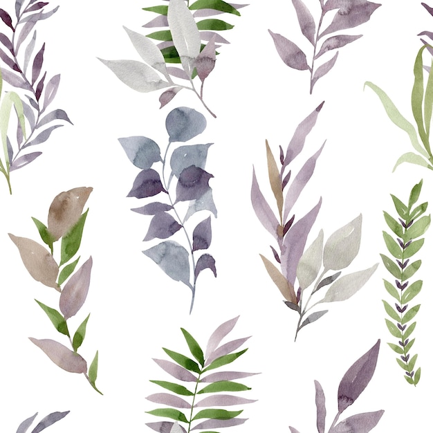 Watercolor seamless floral background pattern with forest leaves