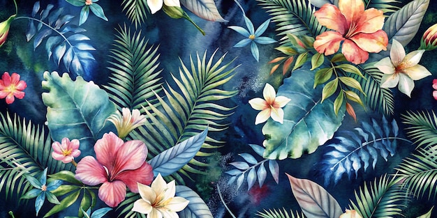 watercolor seamless floral pattern tropical floral pattern with hibiscus and palm tree leaves on da