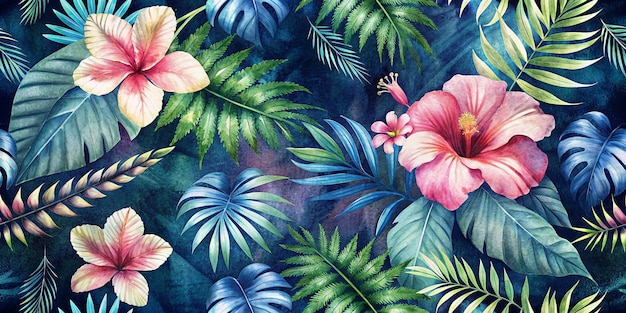 watercolor seamless floral pattern tropical floral pattern with hibiscus and palm tree leaves on da