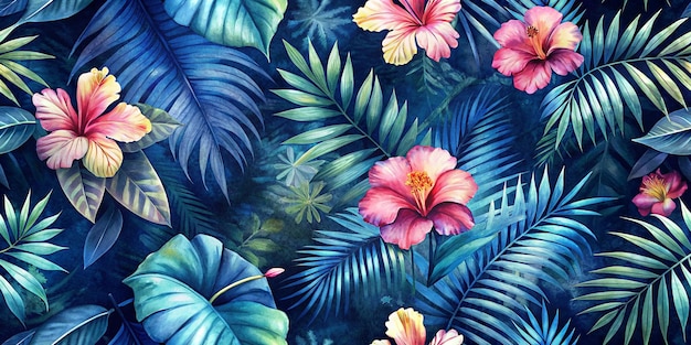 watercolor seamless floral pattern tropical floral pattern with hibiscus and palm tree leaves on da