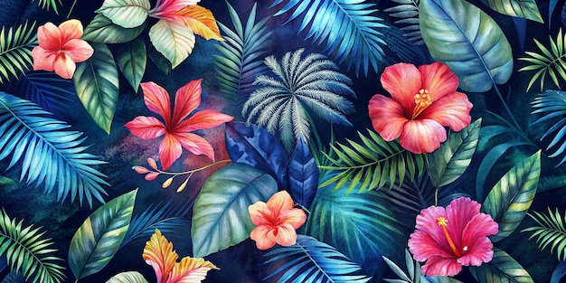 watercolor seamless floral pattern tropical floral pattern with hibiscus and palm tree leaves on da