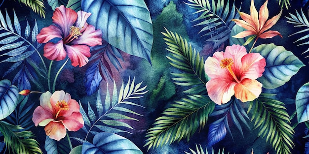 watercolor seamless floral pattern tropical floral pattern with hibiscus and palm tree leaves on da