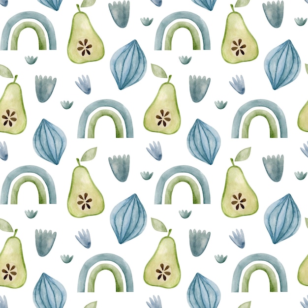 Watercolor seamless pattern of abstract elements and pear, rainbow. Modern background.