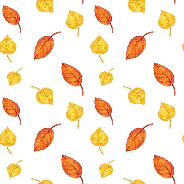 Photo watercolor seamless pattern of autumn forest leaves hand drawn illustration of yellow and orange forest leaves green and brown different leaves sketch isolated on white background