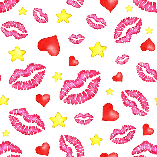 Watercolor seamless pattern background of prints of lips, hearts and stars. Lips prints wrapping paper. World Kiss Day, Valentine's Day. Isolated on white background.