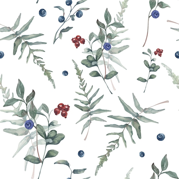 Watercolor Seamless Pattern Background with Forest Berries and Fern on White Background