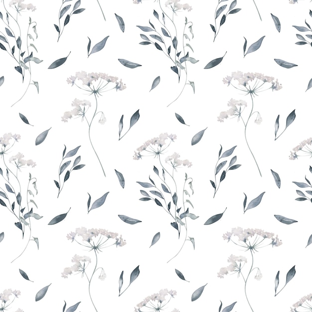 Watercolor Seamless Pattern Background with Leaves and Umbrella Flower on White Background