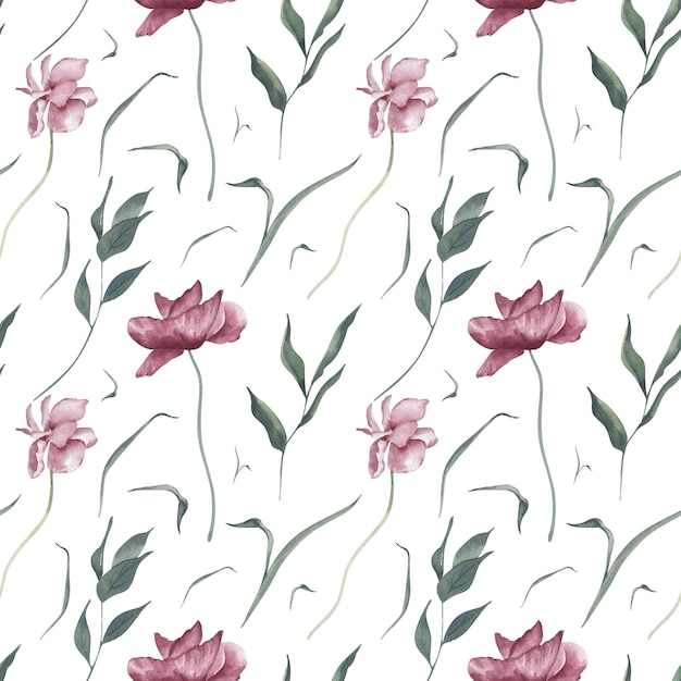 Watercolor Seamless Pattern Background with Poppies and Leaves on White Background