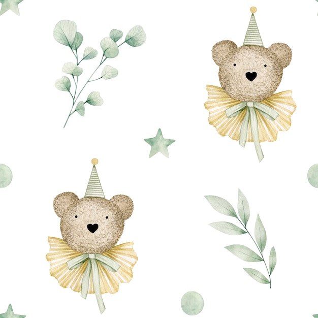 Watercolor seamless pattern bear in cap, dots, stars, eucalyptus. Isolated on white background.