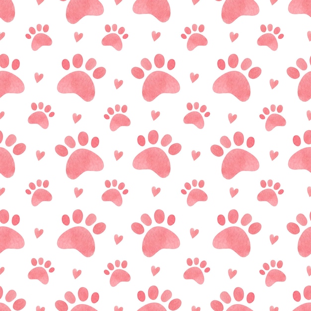 Watercolor seamless pattern of cat paw prints and hearts Cat paw watercolor background