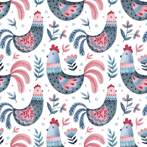 Watercolor seamless pattern chicken flowers in folk art