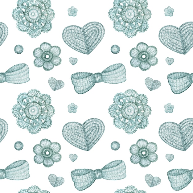 Watercolor Seamless pattern Crochet flower needlework Collection of Crocheting and knitting