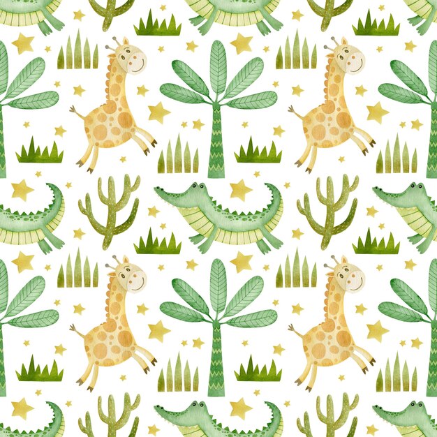 Watercolor seamless pattern crocodile giraffe palm