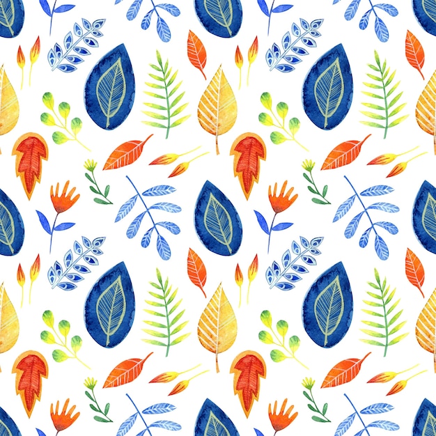 Watercolor seamless pattern from bright decorative leaves on a white background