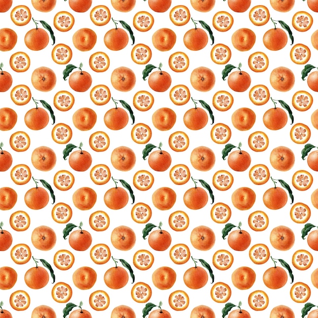 Watercolor seamless pattern of Fruits, twigs and slices of tangerine