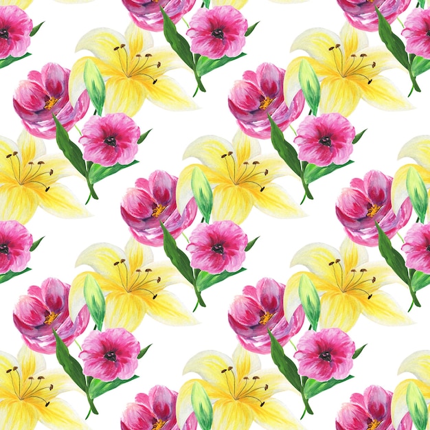 Watercolor seamless pattern of garden flowers.