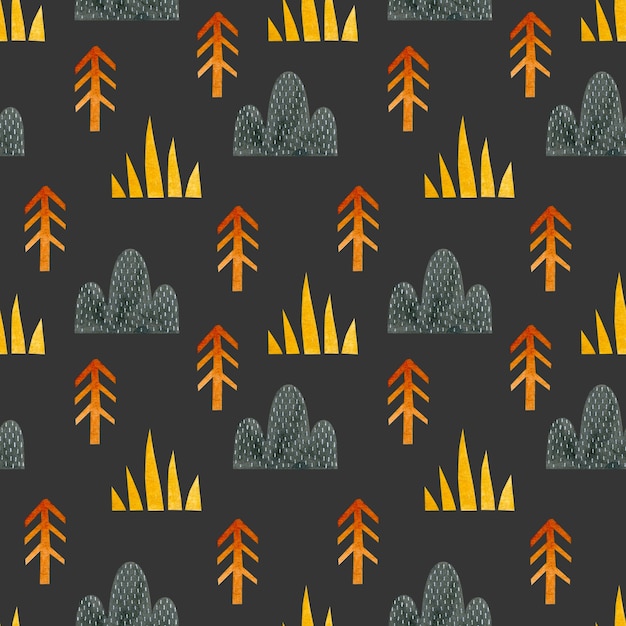 Watercolor seamless pattern grass fir trees hills in the Scandinavian style