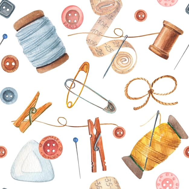 Watercolor seamless pattern of hand-drawn tools for sewing, crafting, design