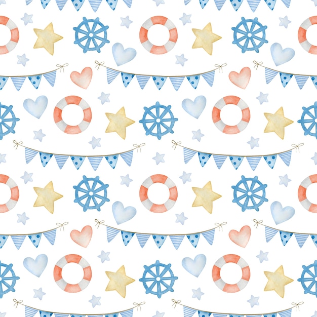 Watercolor seamless pattern heart anchor lifebuoy holiday flags