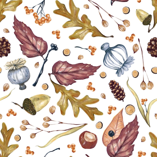 Watercolor seamless pattern illustration of forest seed boxes feathers branches on white background