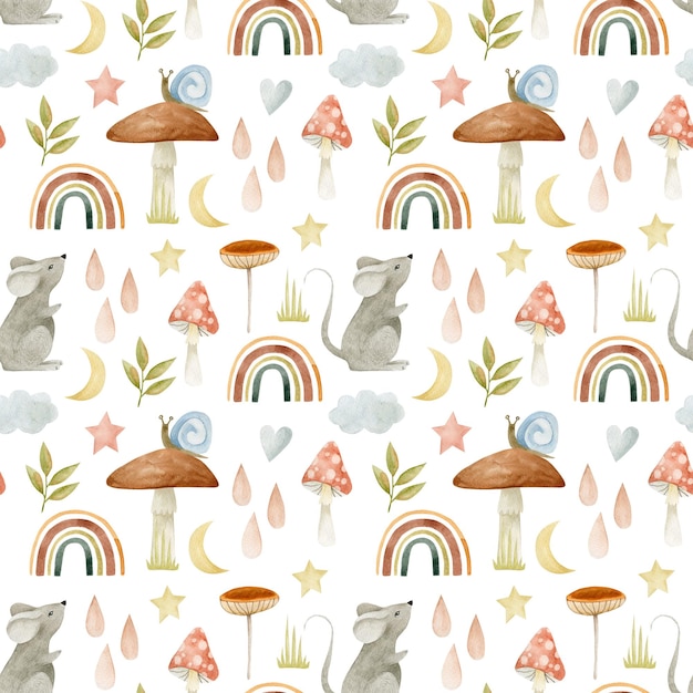 Watercolor seamless pattern mouse, rainbow, mushroom, snail. Autumn background.