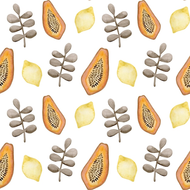 Watercolor seamless pattern papaya, lemon, branch.