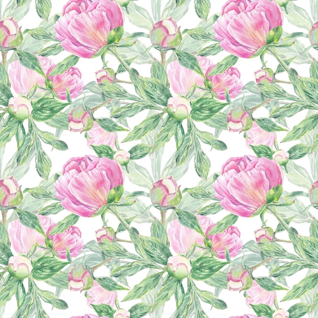 Watercolor seamless pattern peony hand drawn in botanical style for textile wedding nature design